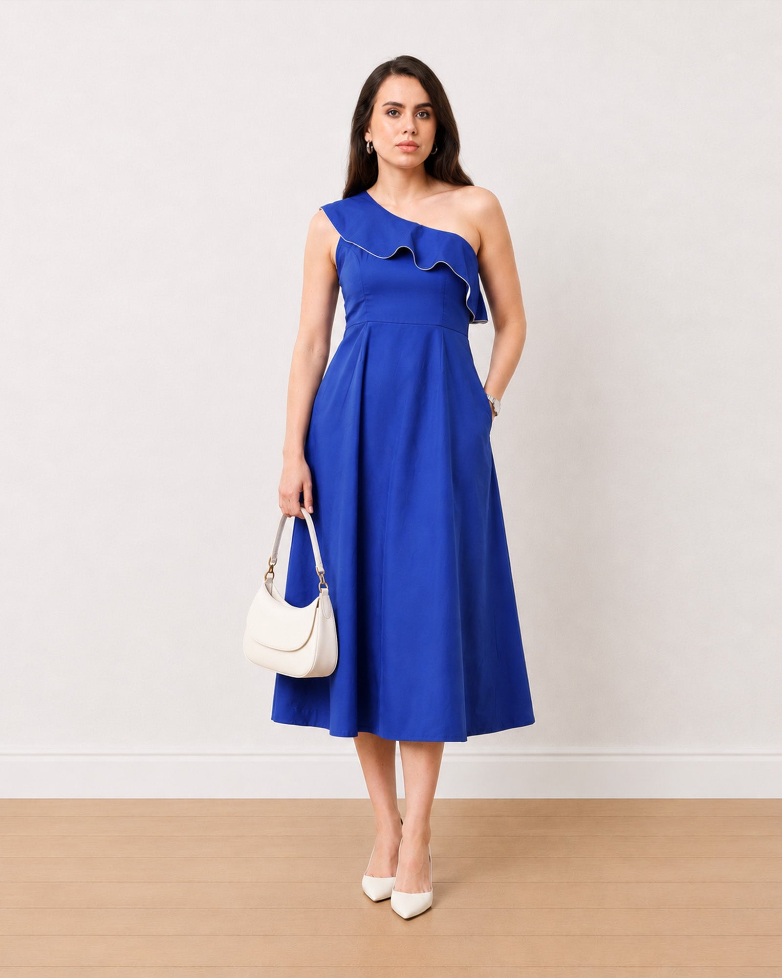 Gazillion Gweneth elegant royal blue one shoulder ruffle midi dress for women, full-length front view