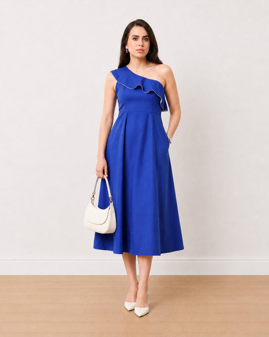 Gazillion Gweneth elegant royal blue one shoulder ruffle midi dress for women, full-length front view