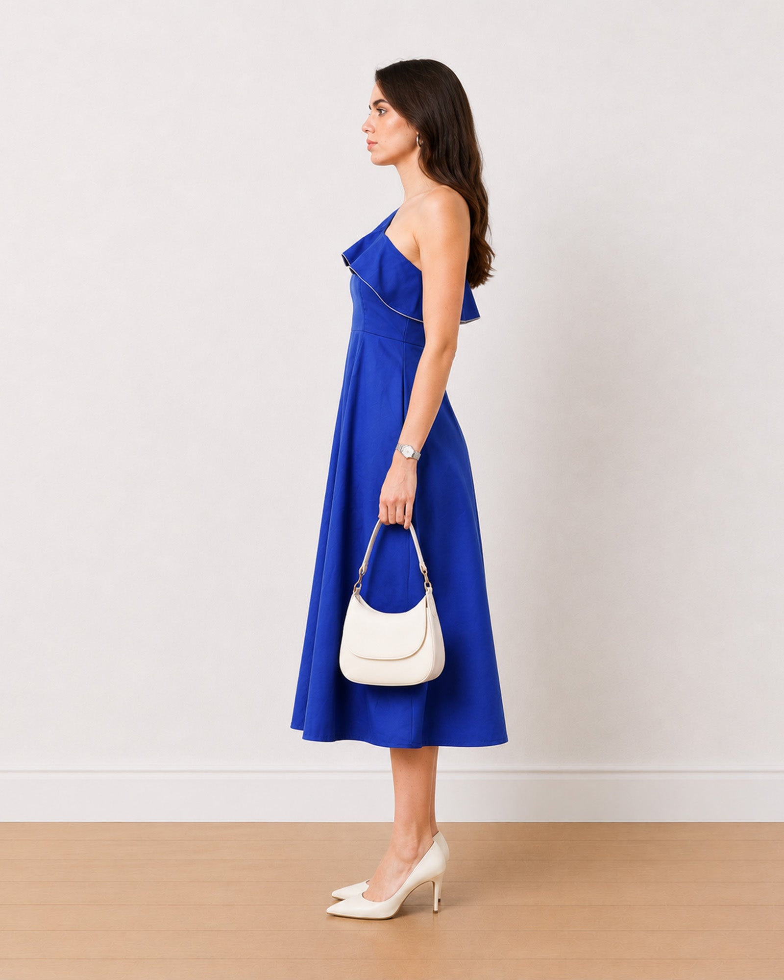 Gweneth royal blue cotton midi dress, side profile view
