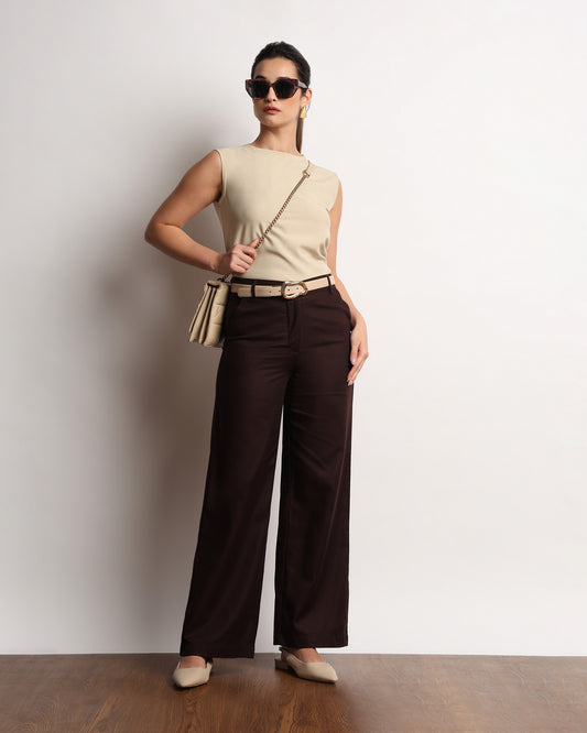 Gazillion Hannah brown wide-leg straight pants for women, full-length front view