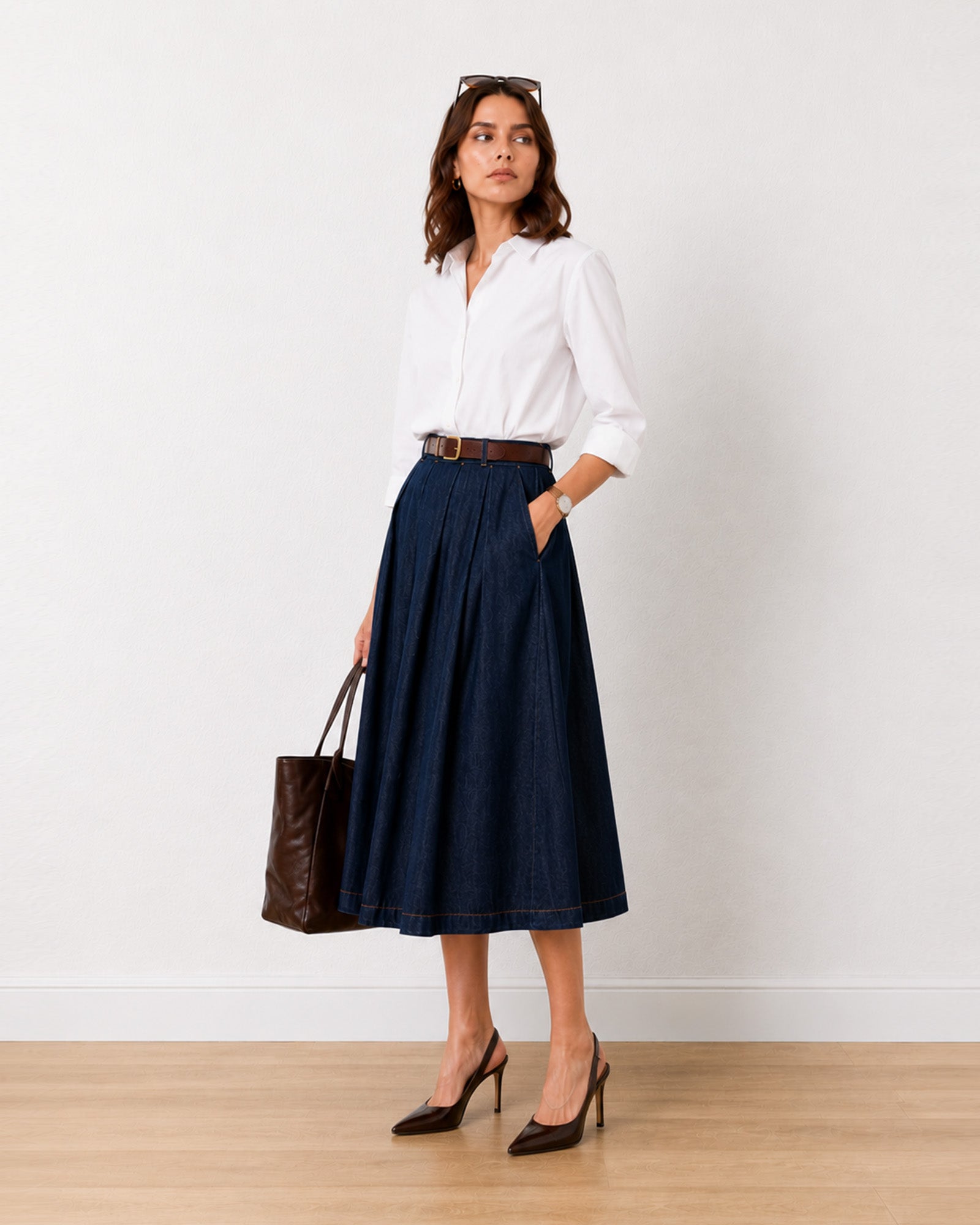 Hansel indigo blue denim cotton midi skirt, styled with a shirt