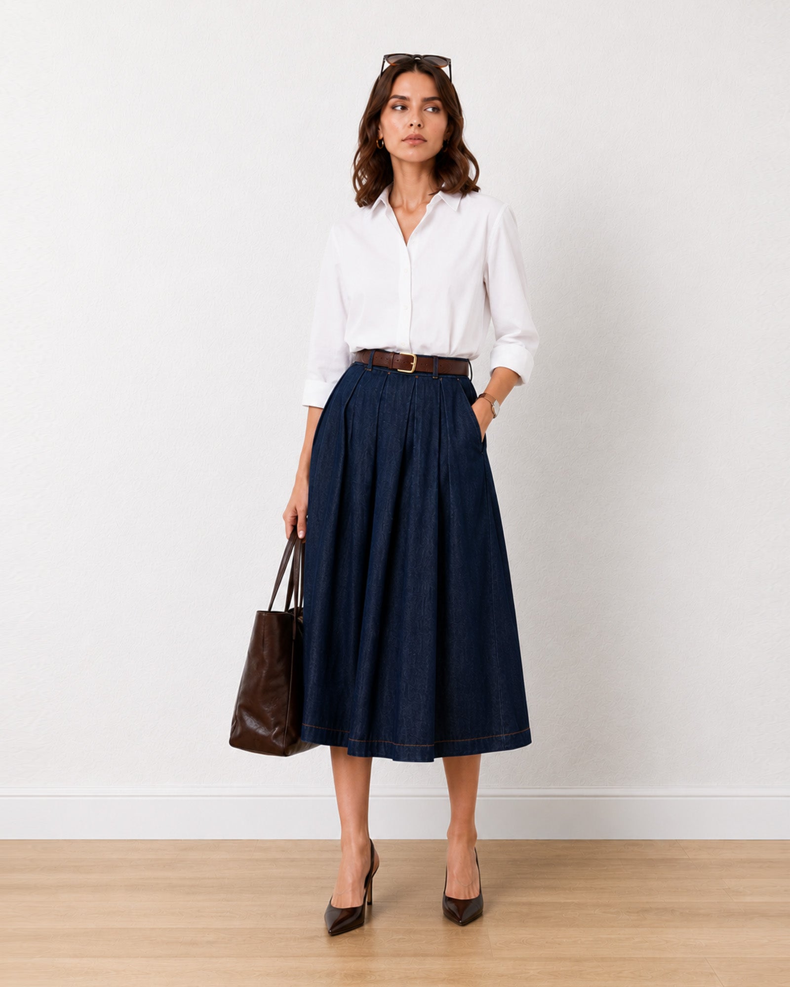 Gazillion Hansel indigo blue denim pleated midi skirt for women, full-length front view