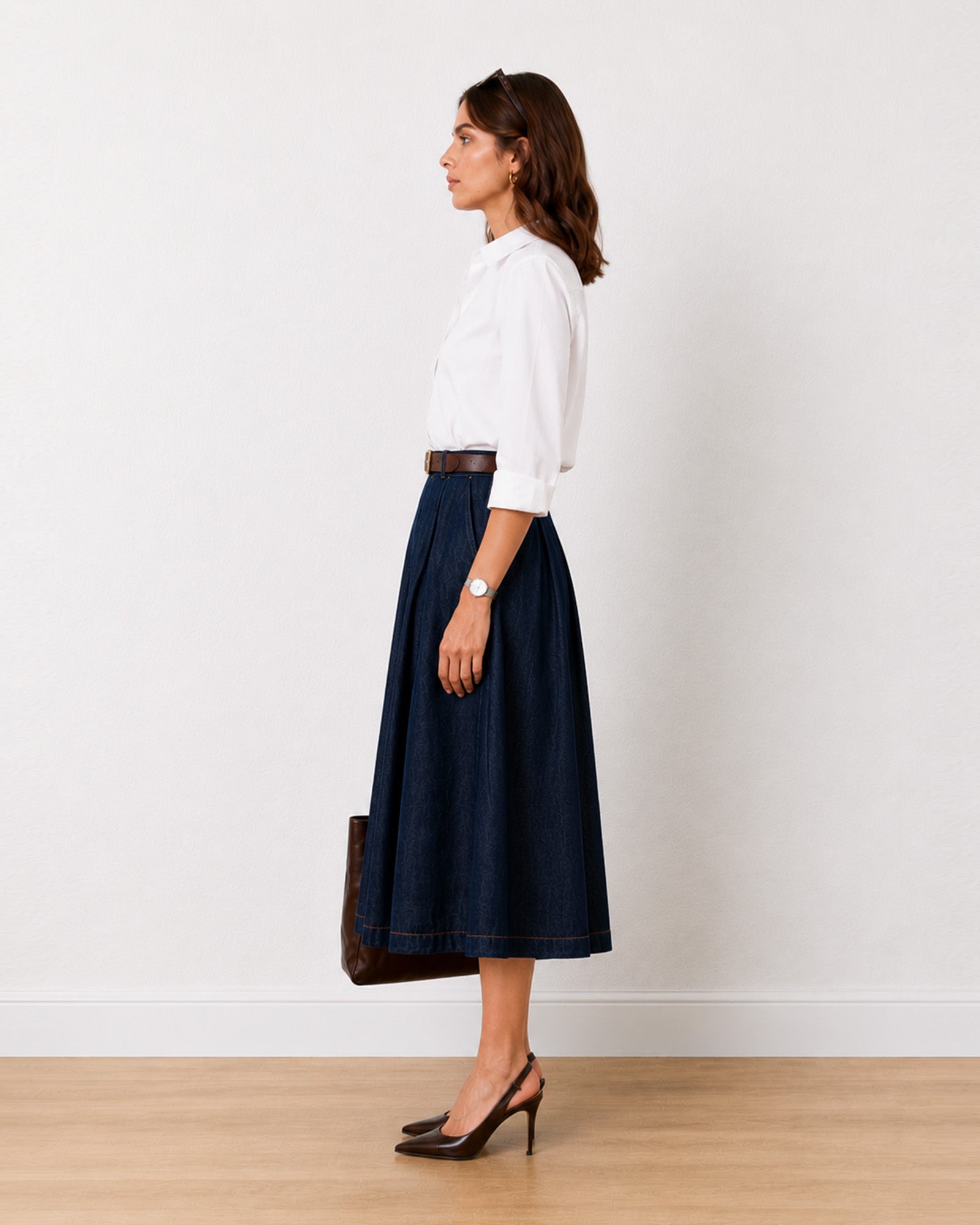Hansel pleated indigo blue denim midi skirt, side profile view