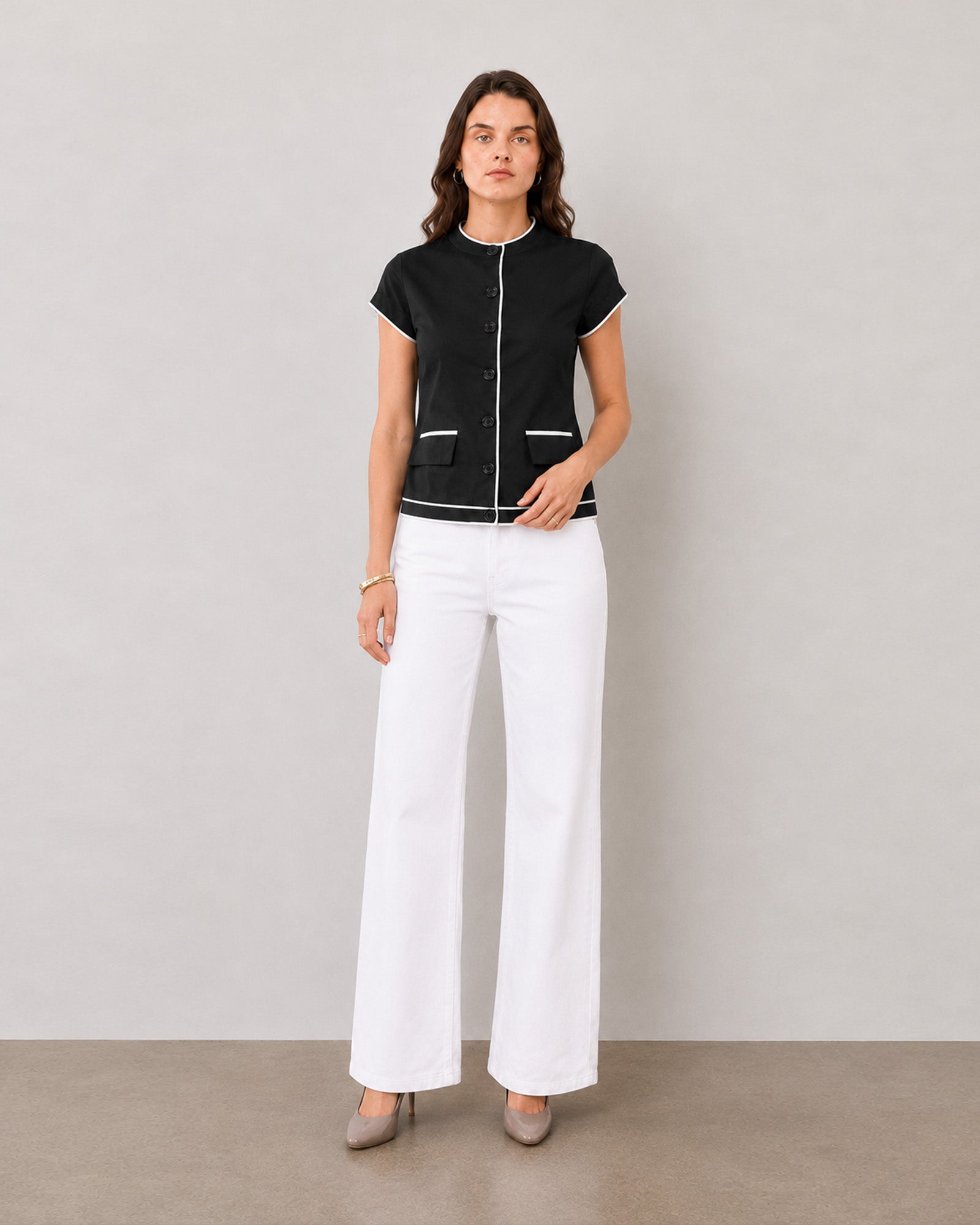 Gazillion Harmony black and white piping stand collar cotton top for women, front view