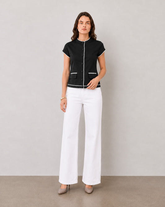 Gazillion Harmony black and white piping stand collar cotton top for women, front view