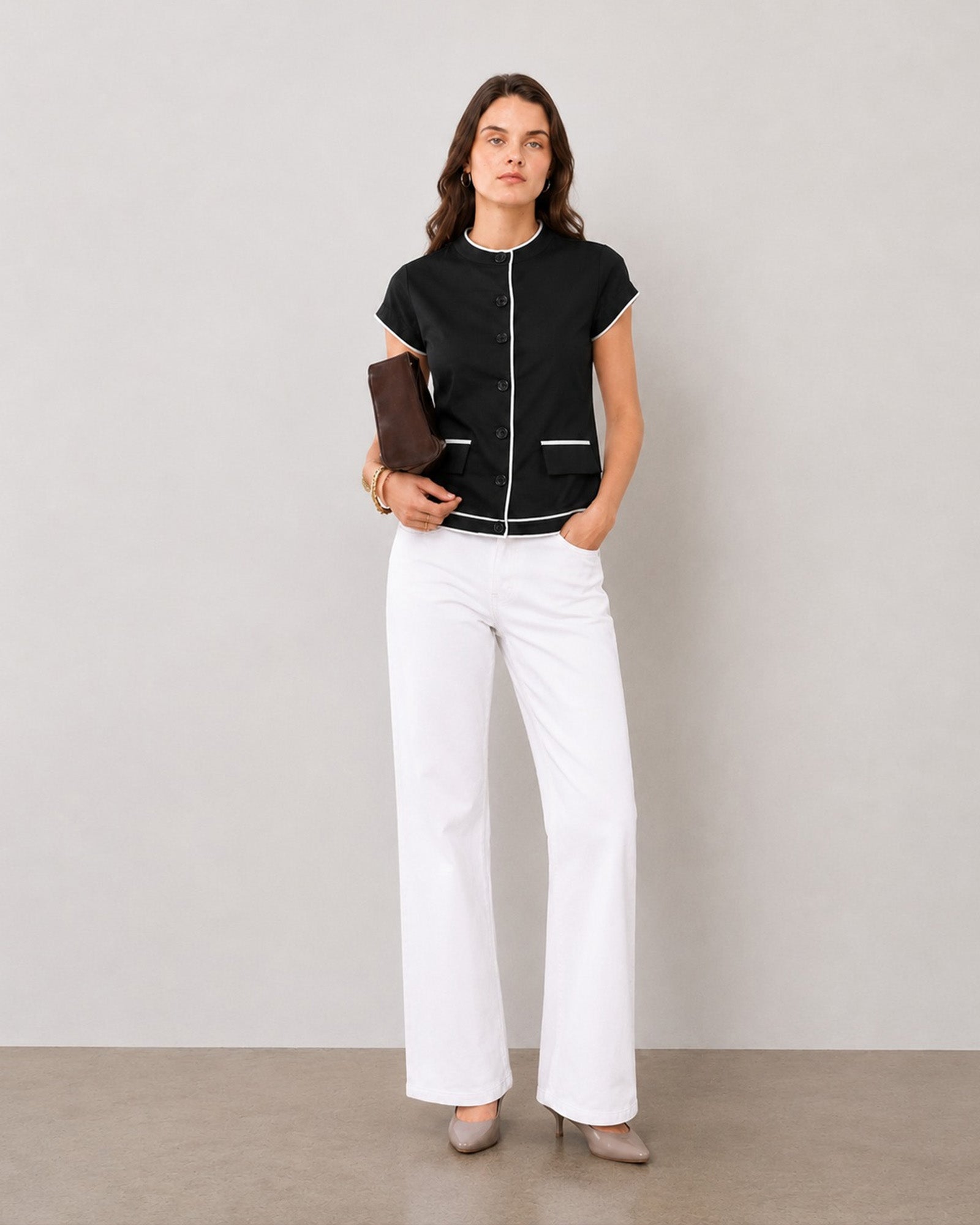 Harmony black and white cap sleeve cotton workwear top with black matte button closure