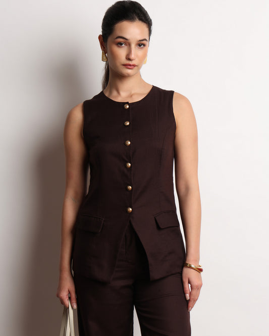 Harriet brown vest with golden buttons, front view