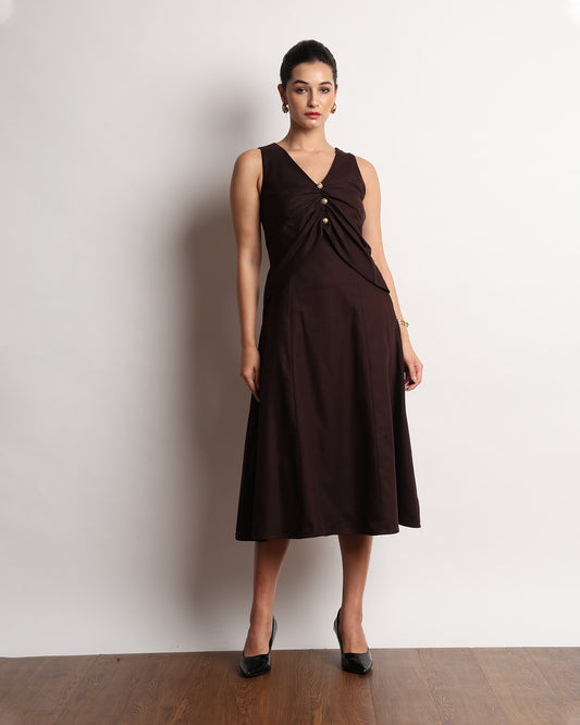 Gazillion Hazel dark brown drapy dress with golden buttons for women, full-length front view
