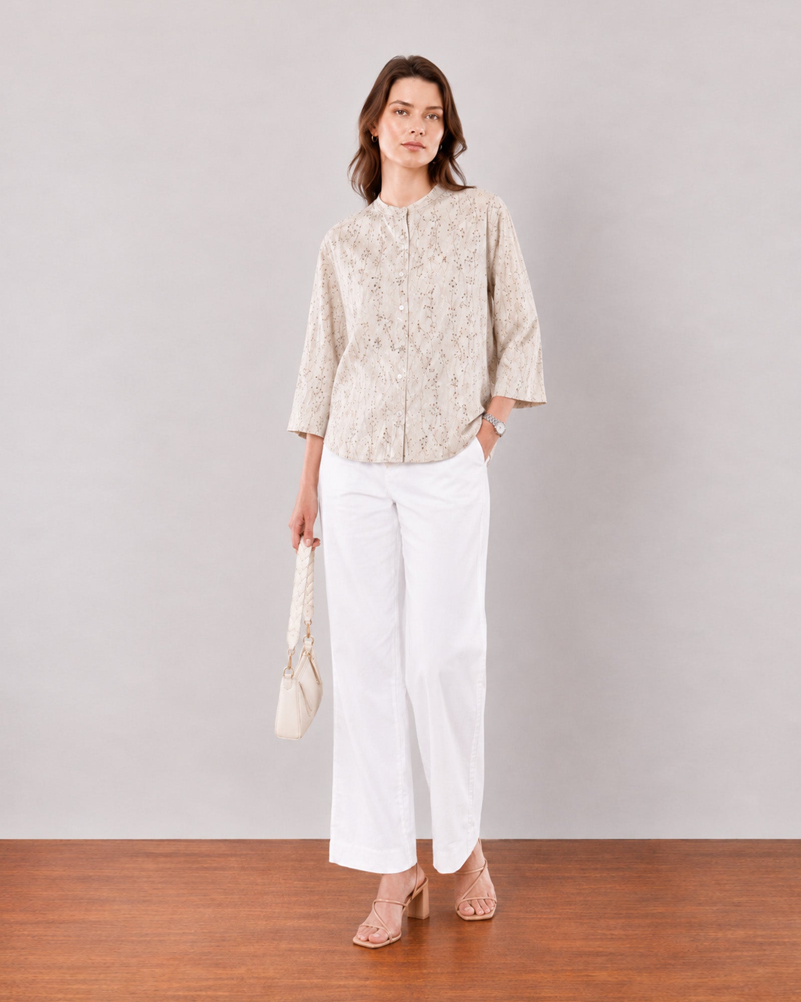 Gazillion Heaven beige printed relaxed-fit shirt for women, full-length front view