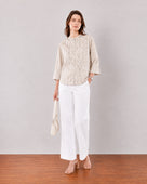 Gazillion Heaven beige printed relaxed-fit shirt for women, full-length front view