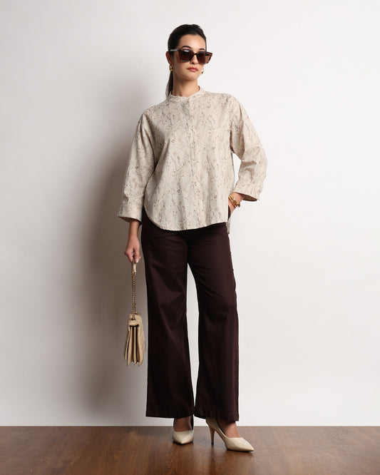 Gazillion Heaven beige printed linen shirt for women, full-length front view