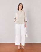 Heaven beige floral print shirt with mandarin band collar and button-down front