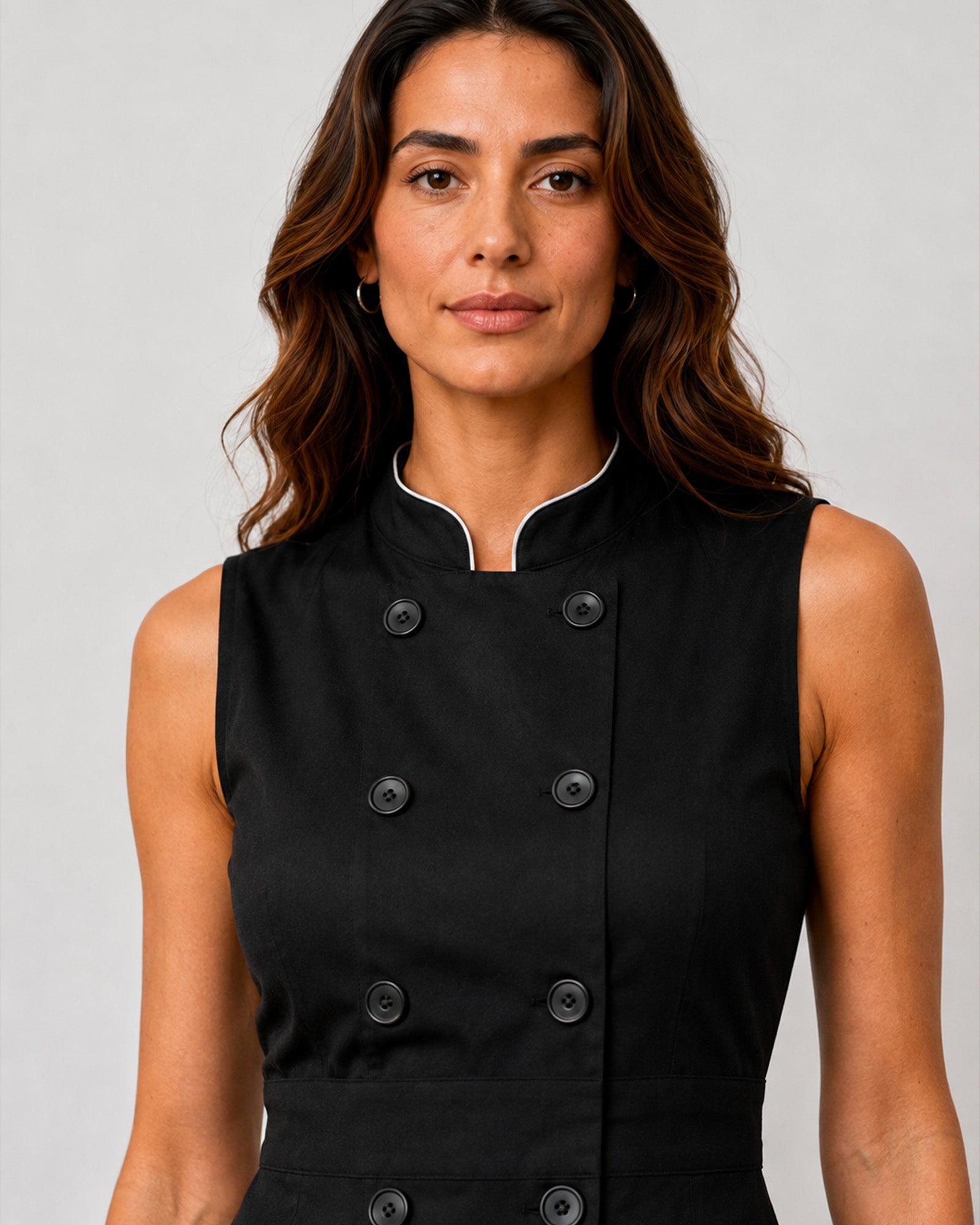 Close-up of Hectoria black cotton dress stand collar, white piping and breasted buttons