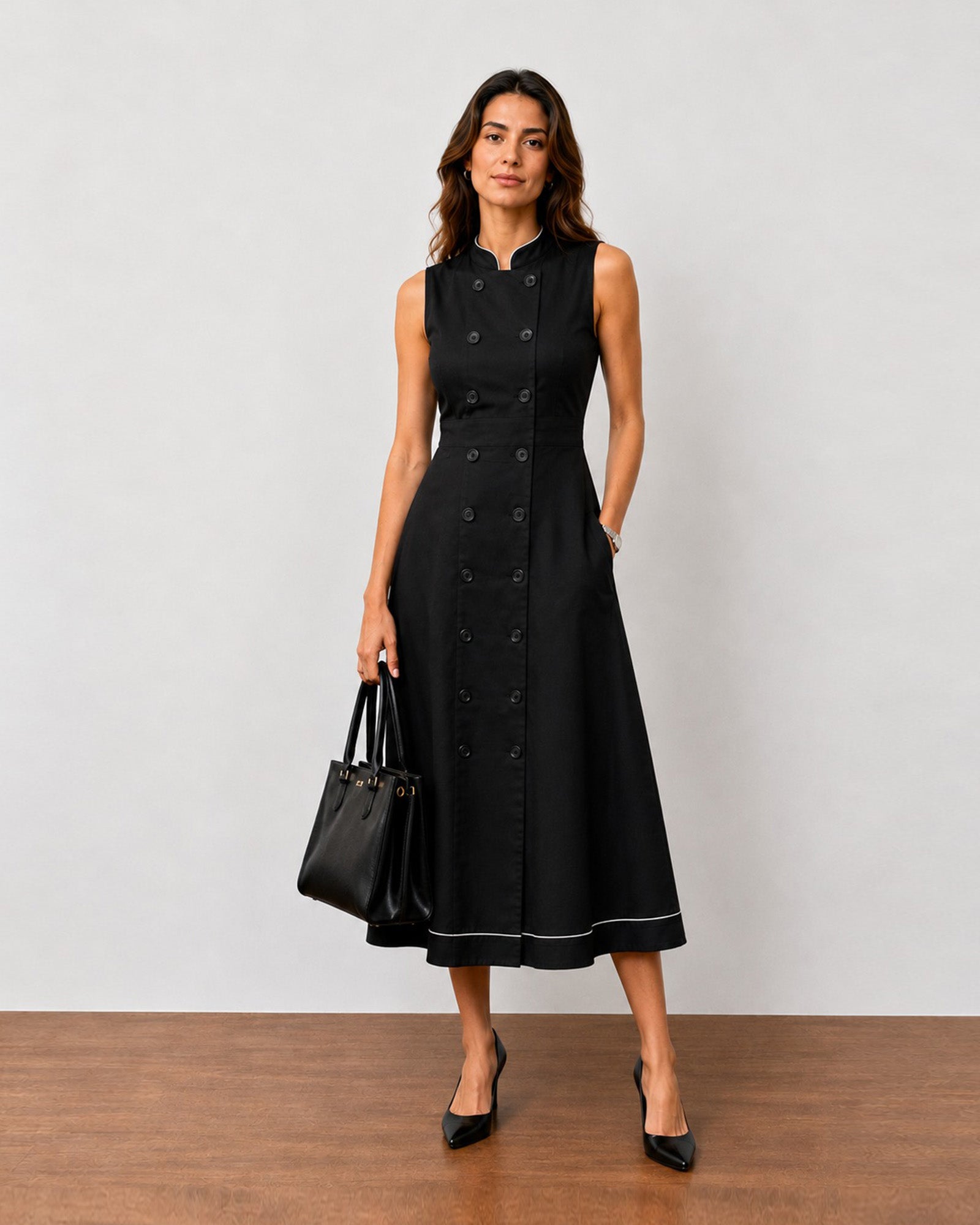 Gazillion Hectoria black cotton double breasted midi dress for women, front view