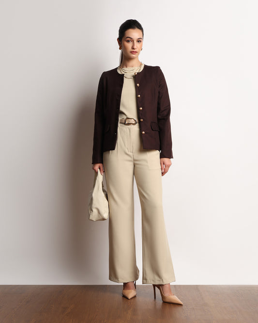Gazillion Helena dark brown collarless jacket for women, full-length front view