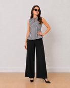 Hellen sleeveless cotton top in black and white stripes with centre seam opening