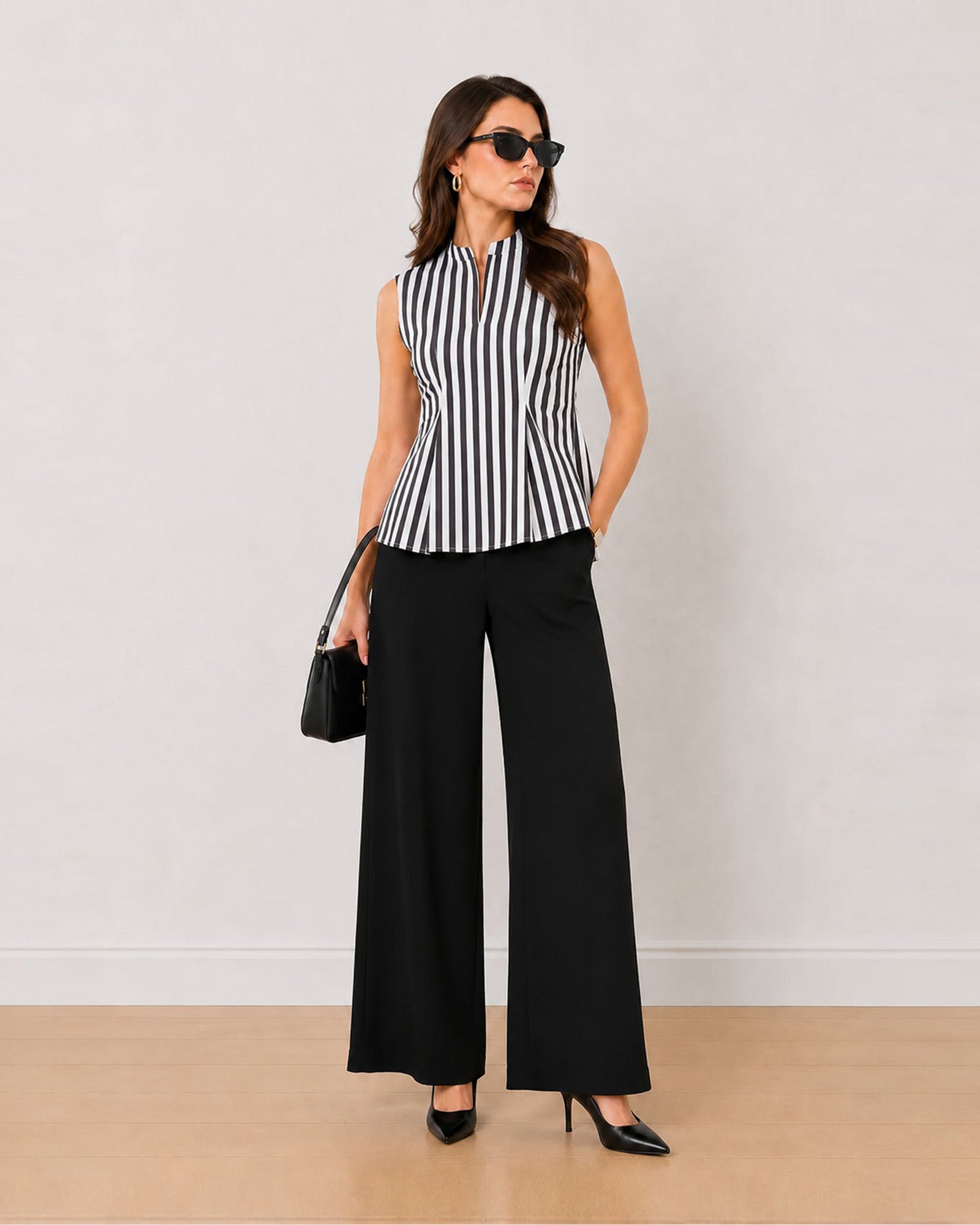 Gazillion Hellen black and white striped sleeveless cotton top for women, front view