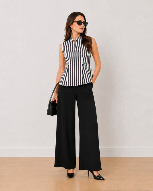 Gazillion Hellen black and white striped sleeveless cotton top for women, front view