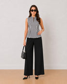 Hellen black and white striped cotton top with concealed zipper, full-length view