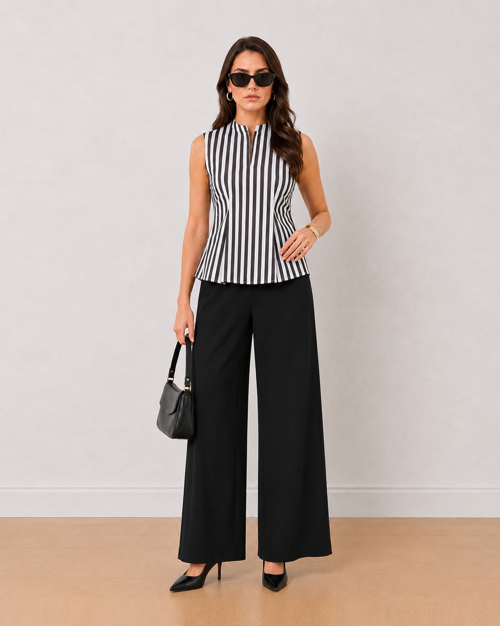 Hellen black and white striped cotton top with concealed zipper, full-length view