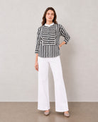 Gazillion Helvia black and white striped bib yoke cotton shirt for women, front view