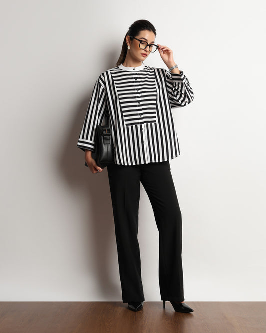 Gazillion Helvia black and white striped bib yoke shirt for women, full-length front view