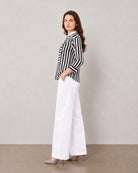 Helvia black and white striped bib yoke cotton shirt, side profile relaxed fit