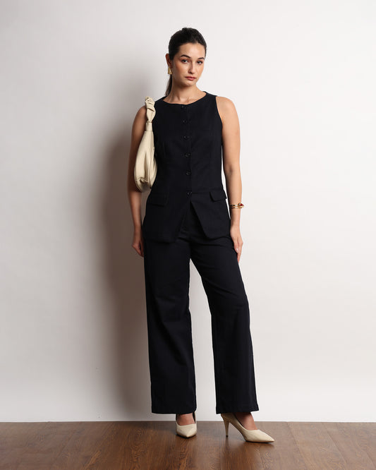 Gazillion Henrid navy sleeveless vest top for women, full-length front view