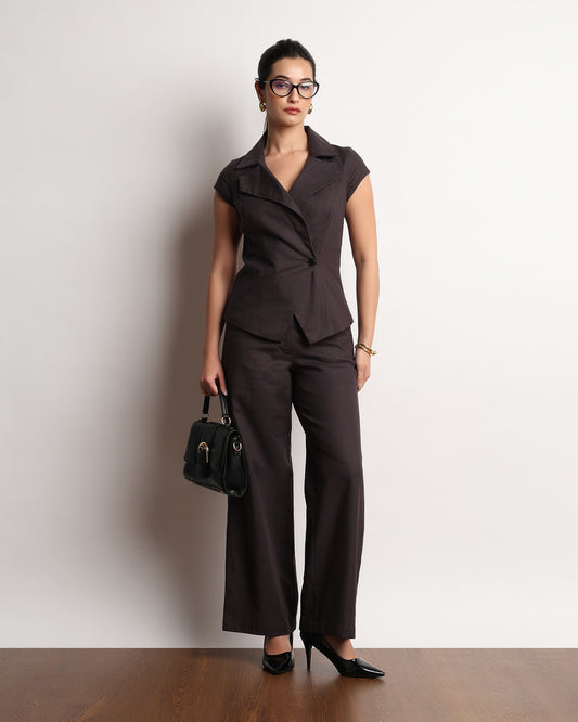 Gazillion Henriet dark grey short sleeve blazer top for women, full-length front view