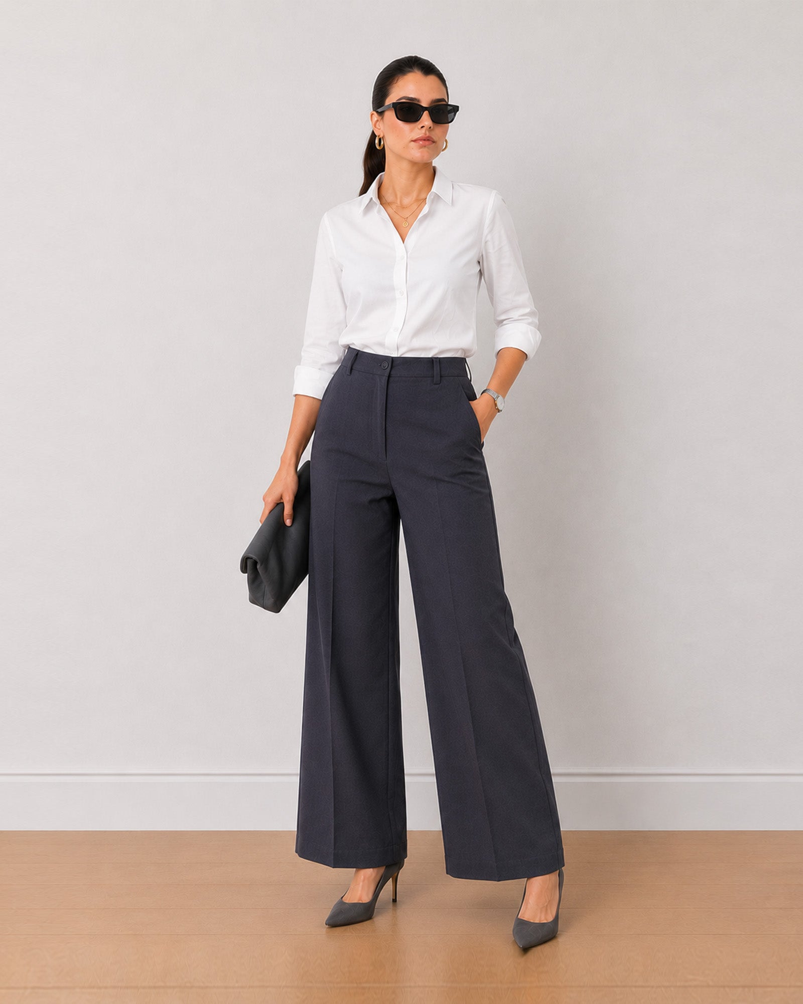 Henrietta dark grey herringbone texture straight pants, angled front view