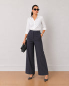 Henrietta dark grey herringbone texture straight pants, angled front view
