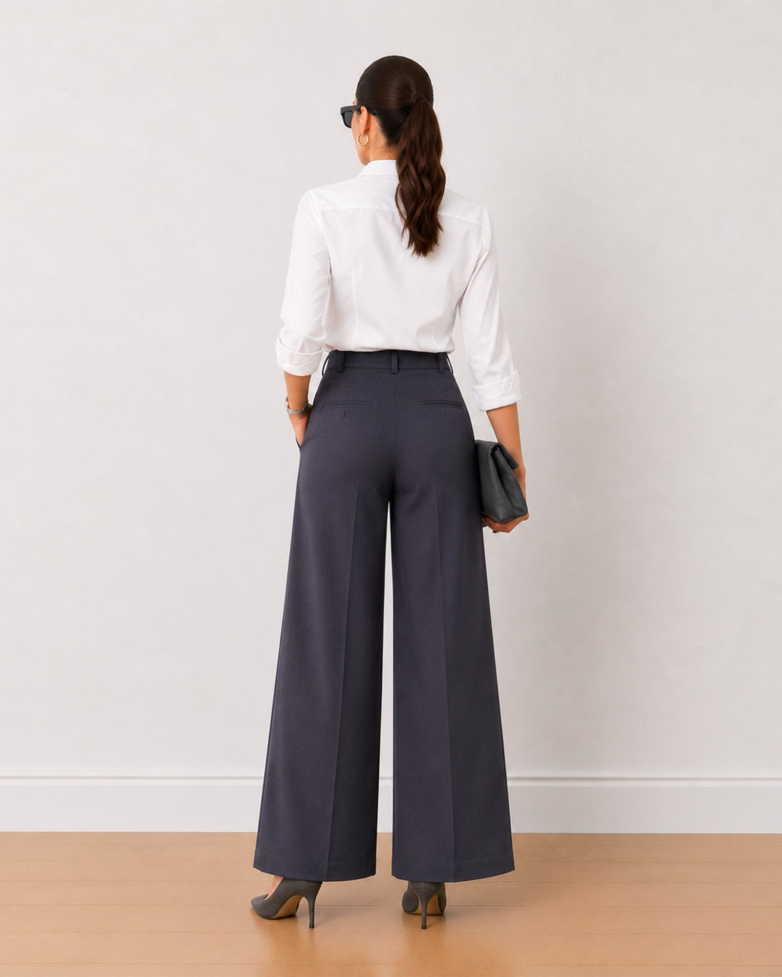 Henrietta dark grey herringbone texture pants, back view showing tailored straight leg