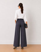 Henrietta dark grey herringbone texture pants, back view showing tailored straight leg