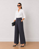 Henrietta dark grey herringbone texture cotton pants with side pockets and belt loops