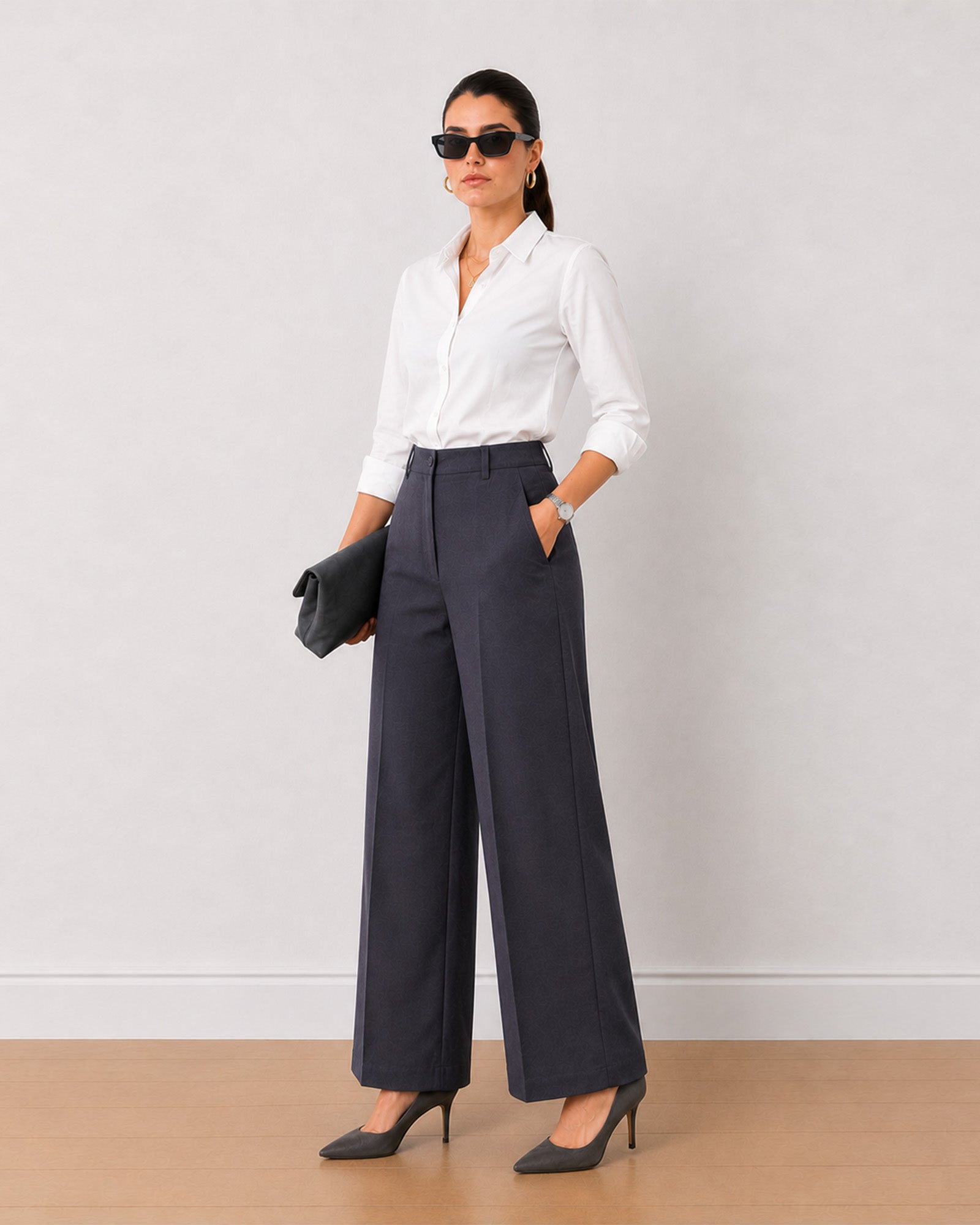 Henrietta dark grey herringbone texture cotton pants with side pockets and belt loops
