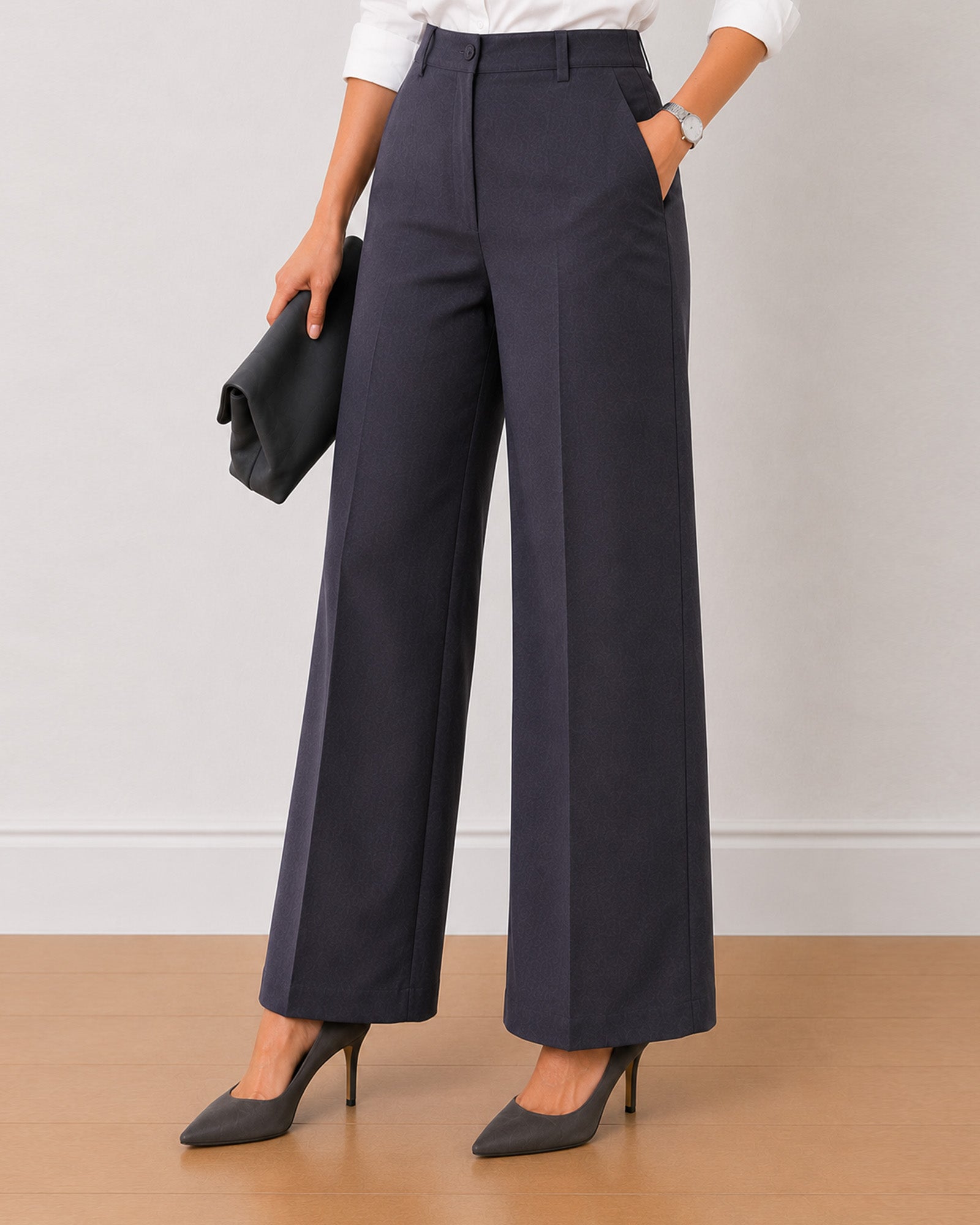 Henrietta dark grey herringbone texture straight pants, leg and hem detail view