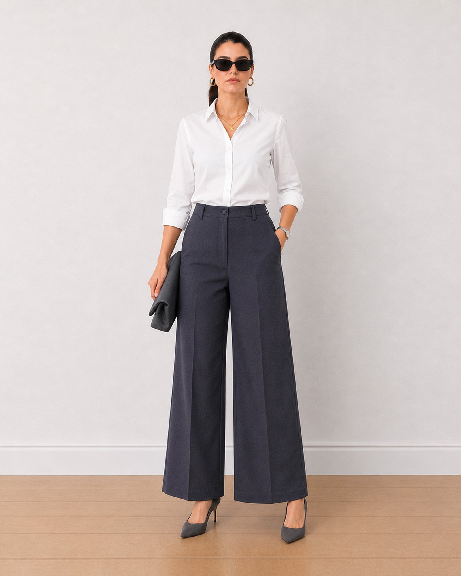 Gazillion Henrietta dark grey herringbone texture straight pants for women, front view