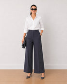 Gazillion Henrietta dark grey herringbone texture straight pants for women, front view