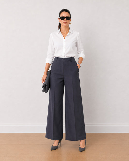 Gazillion Henrietta dark grey herringbone texture straight pants for women, front view