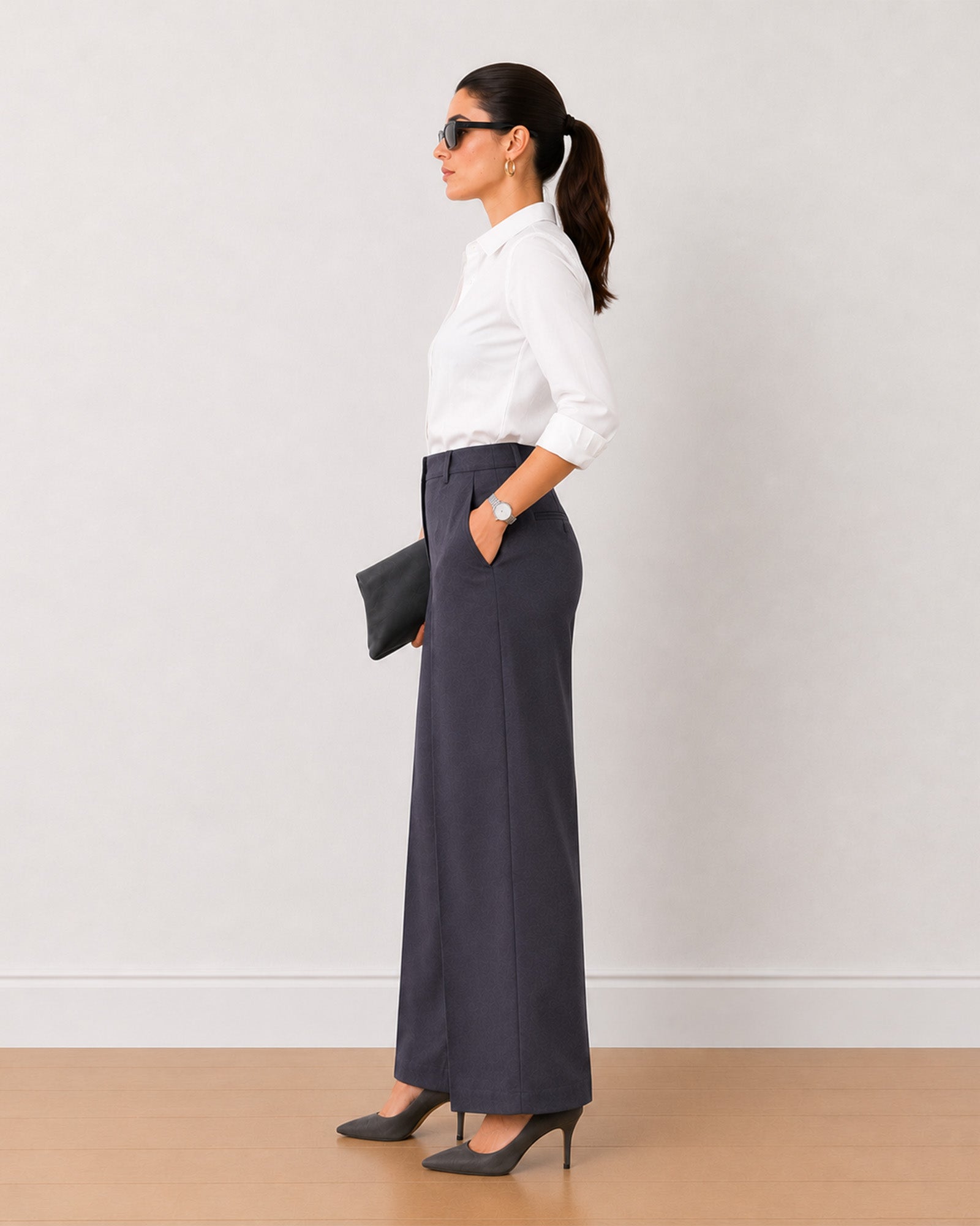 Henrietta dark grey herringbone texture straight pants, side profile high-rise waist