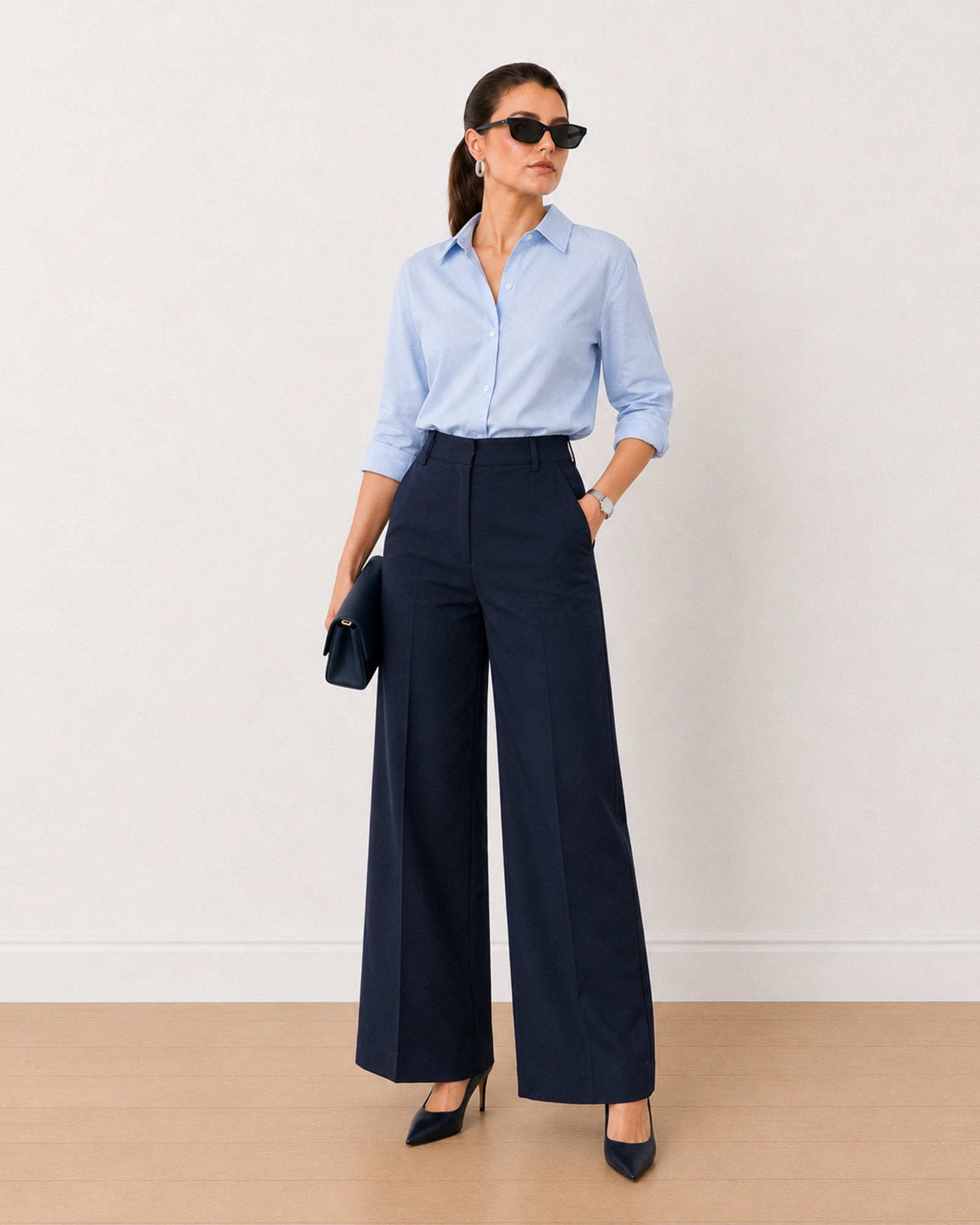 Henrietta navy blue herringbone texture cotton pants styled with a formal shirt