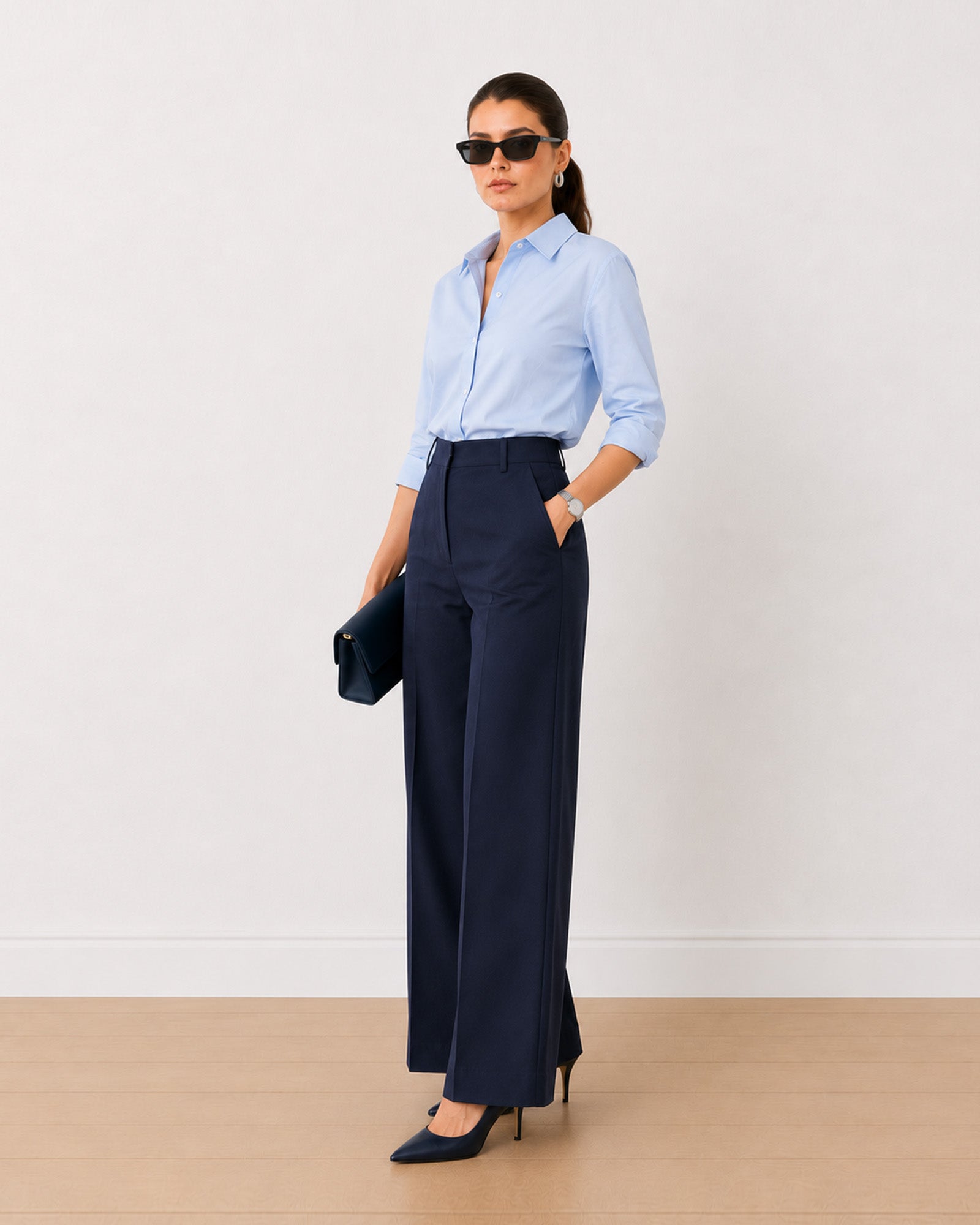 Henrietta navy blue herringbone texture pants with high-rise waist and belt loops