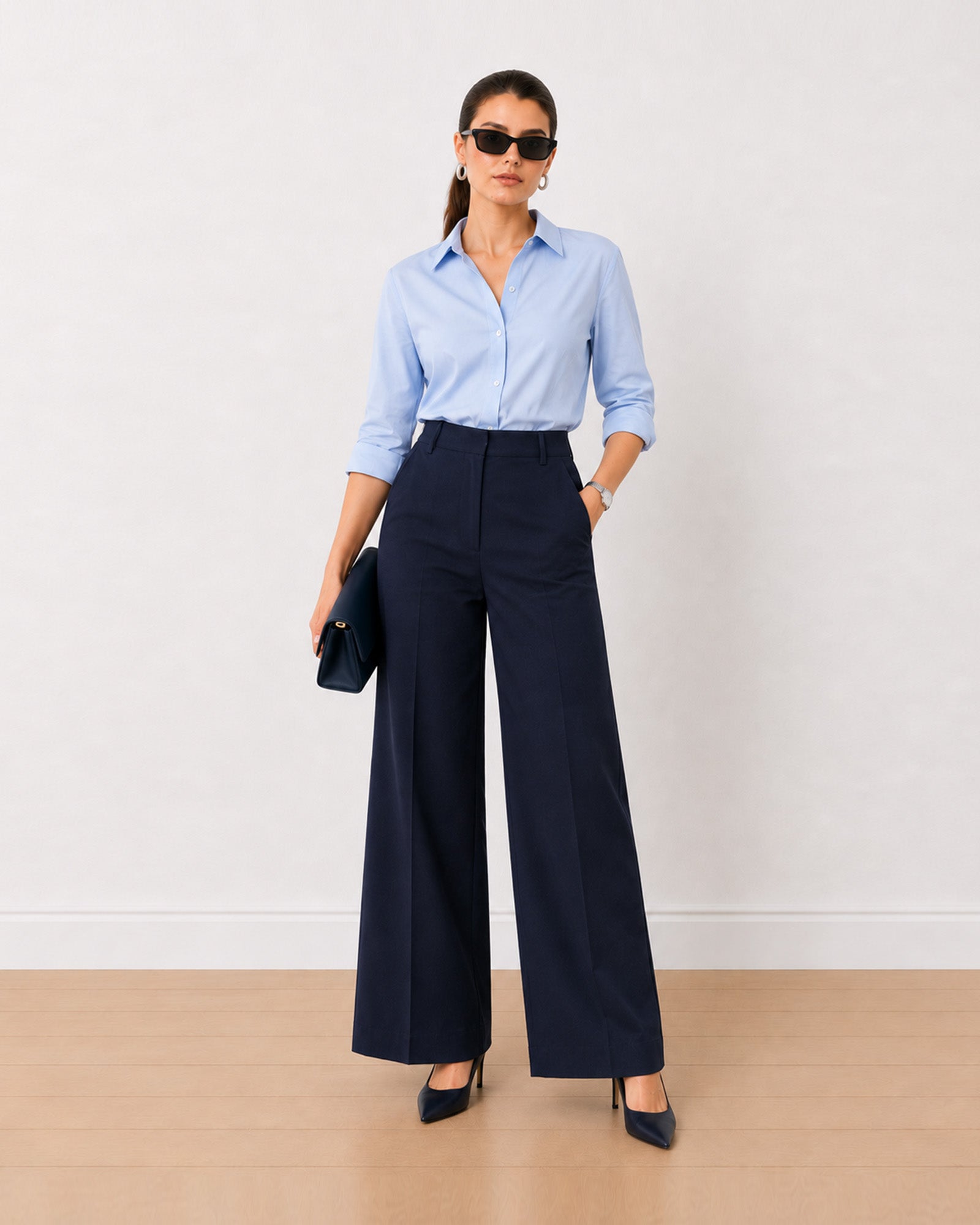Gazillion Henrietta navy blue herringbone texture straight pants for women, front view