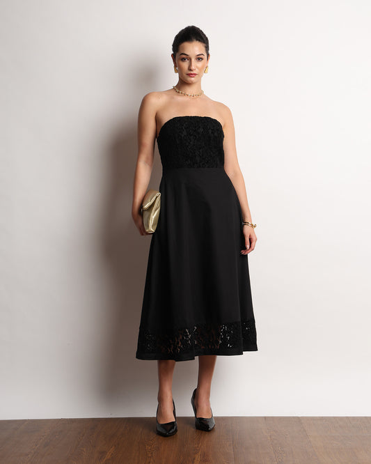 Gazillion Here black lace strapless midi dress for women, full-length front view