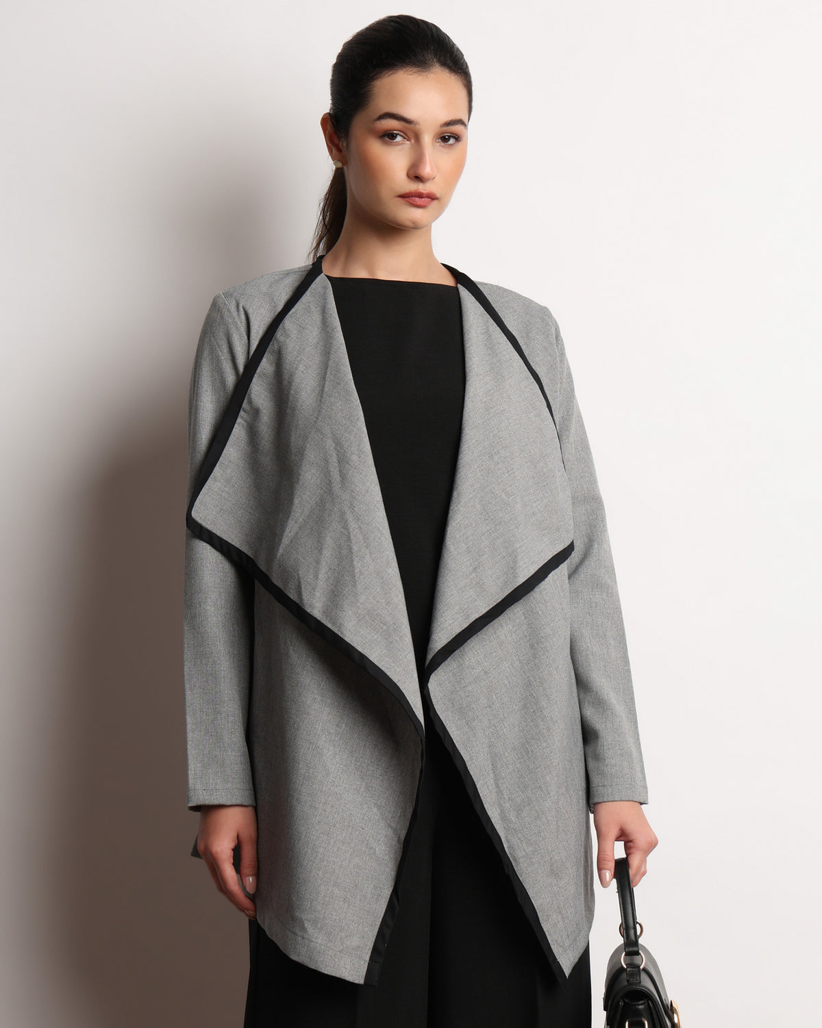 Hermina dark grey drapy cape top, front view