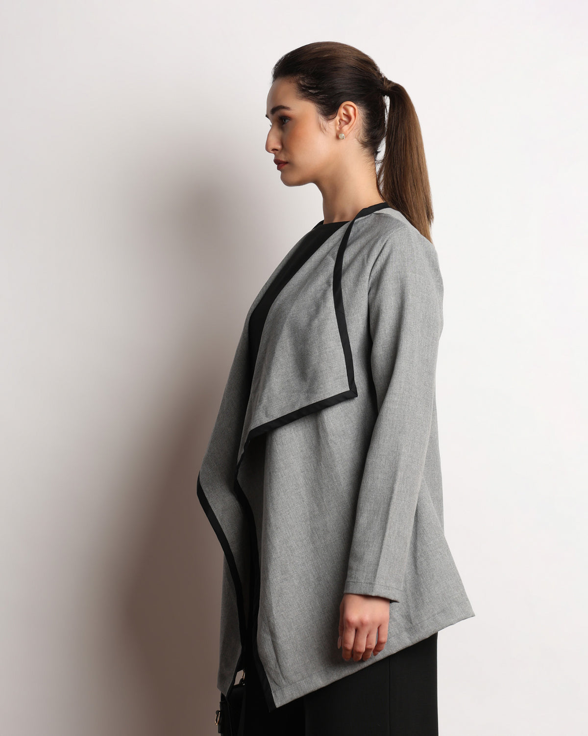Hermina dark grey drapy cape top, side profile showing the cape fall