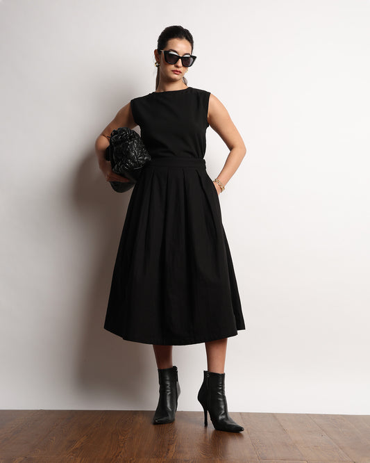 Gazillion Hester black pleated full midi skirt for women, full-length front view