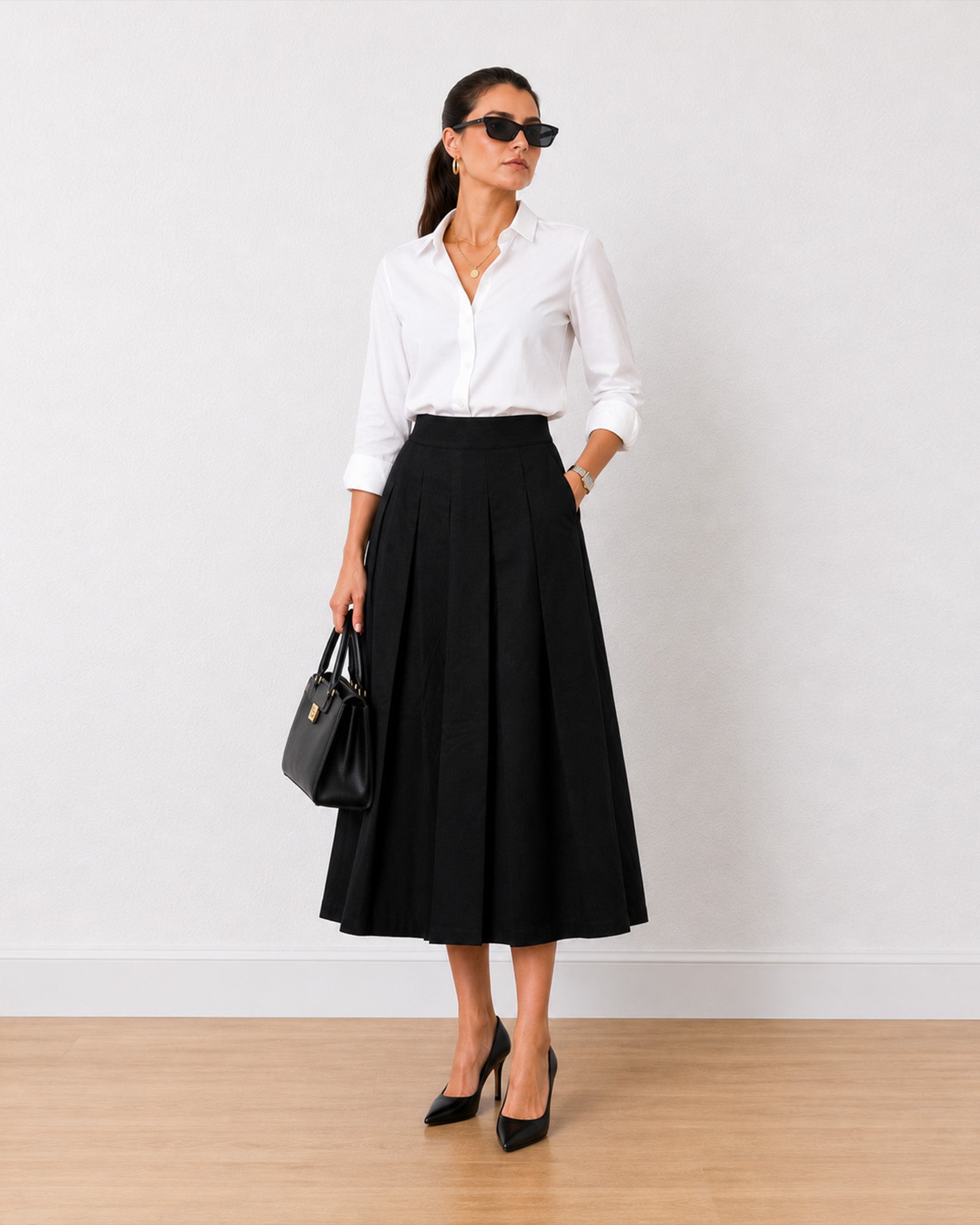 Gazillion Hester black pleated full midi skirt for women, full-length front view