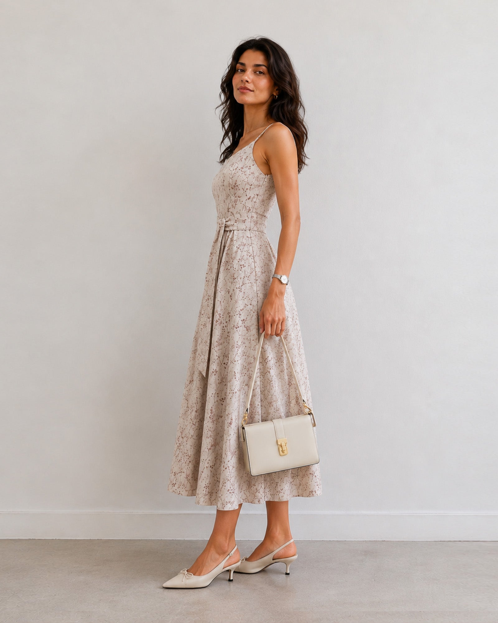 Hiva beige floral print cotton and linen midi dress, angled view with tie-waist detail