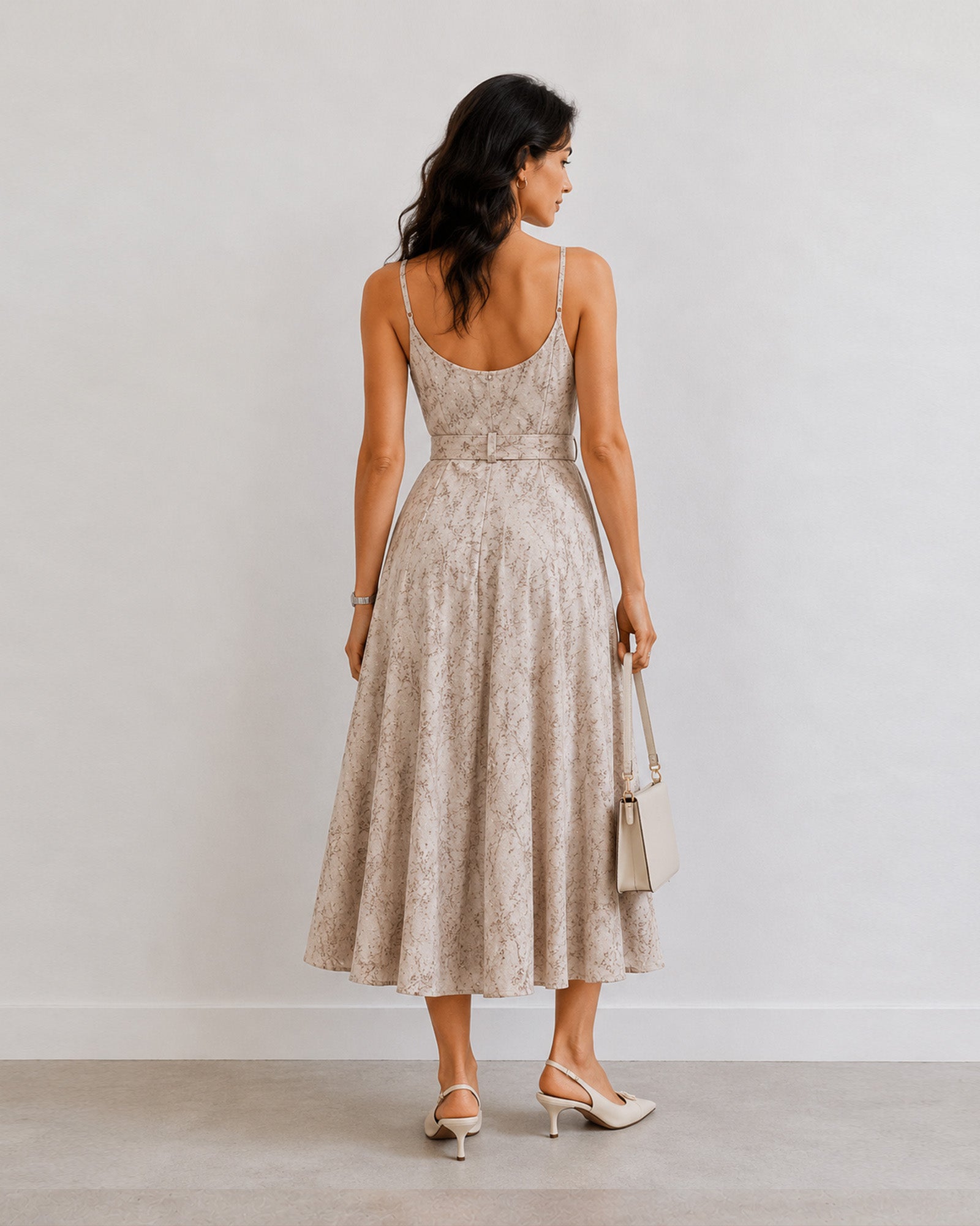 Hiva beige printed cotton midi dress with full cambric lining, back view with adjustable straps